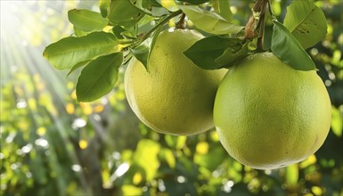 Two grapefruits hanging on a tree under sunny light with green leaves in the background, AI