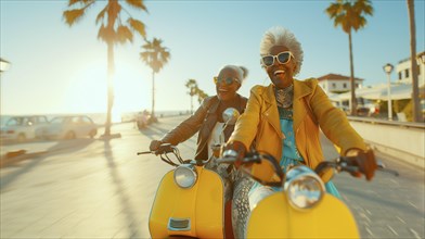 Two happy african american women riding scooters on the ocean boardwalk. generative AI, AI