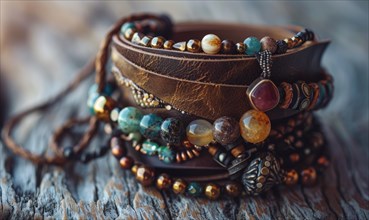 A leather wrap bracelet adorned with natural gemstones and antique beads AI generated