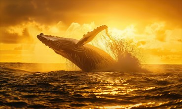 A breaching humpback whale captured in the golden light of sunrise AI generated