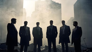 Silhouette of a group of businessman against a backdrop double exposure that reveals a destroyed