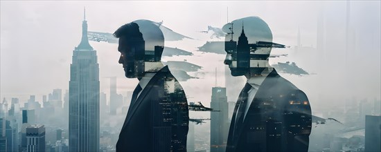 Silhouette of two businessman against a backdrop double exposure that reveals a destroyed