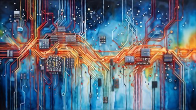 Illustration of abstract data stream cascades over a circuit board transforming into swirling