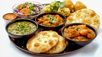 Assorted Indian curries with naan bread and rice on a white background, AI generated