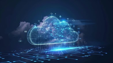 Futuristic blue cloud illustration for cloud computing floating above a digital network, AI