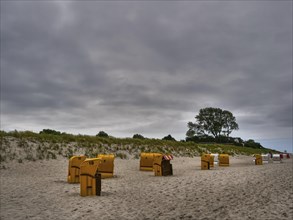 A cloudy beach with several yellow beach chairs and dunes in the background, yellow beach chairs on