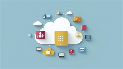 Minimalistic 3D illustration showing cloud computing with various icons representing different tech