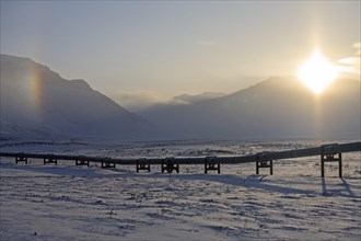 Oil production in the Artkis, Trans-Alaska pipeline backlit, winter, Brooks Range, Alaska, USA,