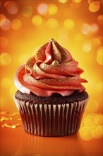 Cupcake with velvety cherry red frosting swirls sprinkled with gold glitter against orange, AI