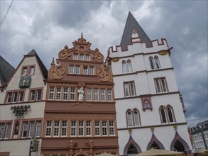 Two gothic buildings with detailed facades under a cloudy sky, historic house fronts with a