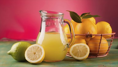 Lemon juice and lemon, still life in studio AI generated, AI generated