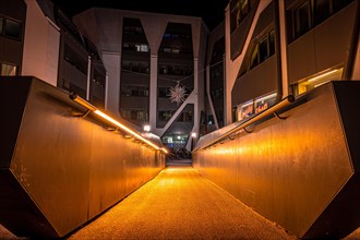 Inner courtyard of the futuristic building of the Carl Zeiss Jena WG in the city centre of Jena at