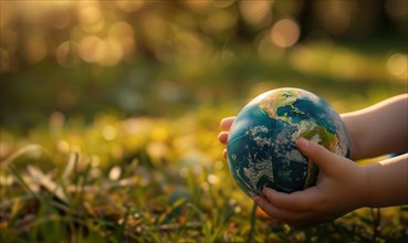 Child's hands holding a miniature Earth globe AI generated