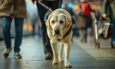 A guide dog assisting its owner in navigating through a crowded train station AI generated