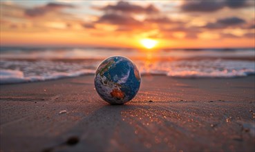 A picture of an Earth globe sitting on a sandy beach with a vibrant sunset sky in the background AI