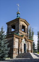 Russian Orthodox Church Cathedral of the Holy Trinity, wooden church with green spires, Karakol,