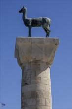 Column with hind, the Elafina, harbour entrance Mandraki harbour, Rhodes, Dodecanese archipelago,