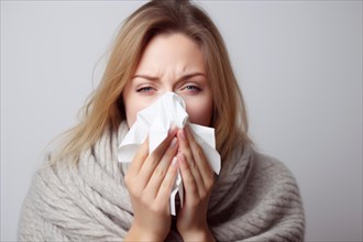 Woman with cold sneezing into paper tissue. KI generiert, generiert, AI generated