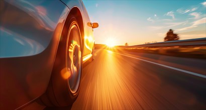 Low angle view of a modern luxury car on a road trip with a sunset in the background, AI generated