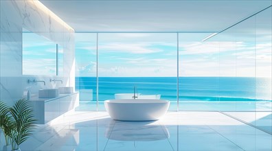 Luxury modern bathroom interior in ocean condo with expensive design and scenic view, AI generated