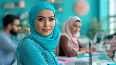 A woman in a turquoise hijab exudes confidence in an office environment with colleagues nearby, ai