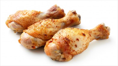 Three seasoned roasted chicken drumsticks on white, AI generated