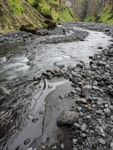 A wild river flows through a rocky gorge of lava rock surrounded by green vegetation, Iceland,