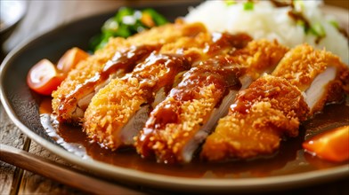 A plate of Japanese katsu with rice and curry on a wooden table, AI generated