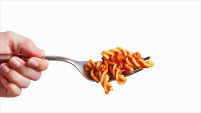 Close-up of a fork with pasta and bolognese sauce, a classic Italian dish against a white