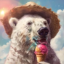 A polar bear with a straw hat enjoys an ice cream in sunny weather, symbolic image on the subject