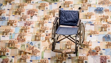 Symbolic long-term care insurance, care costs, disability, a wheelchair stands on a surface of euro