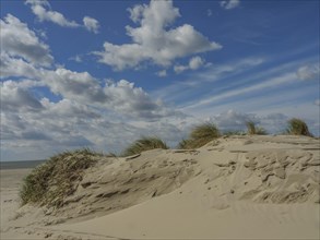 Sand dunes on the beach with bushy grass and dramatic sky with clouds, beach and dunes with grass
