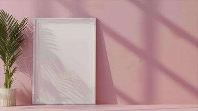 Empty frame leaning against a pink wall with sunlight and plant shadows, AI generated