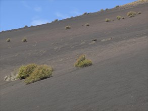 Black hill with scattered bushes under a clear blue sky, barren landscape with roads, craters and