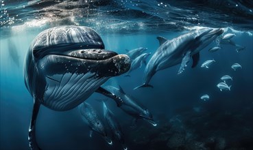 An underwater view of dolphins interacting with a curious humpback whale AI generated