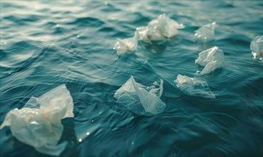 Plastic bags floating in the ocean water, environment and ecology AI generated