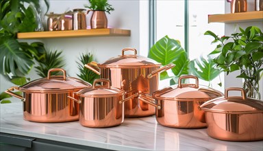 Metal, copper, copper crockery in the kitchen, copper pots, cooking pot
