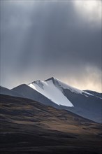 Autumnal plateau with brown grass, glaciated and snow-covered peaks, Ak Shyrak Mountains, near the