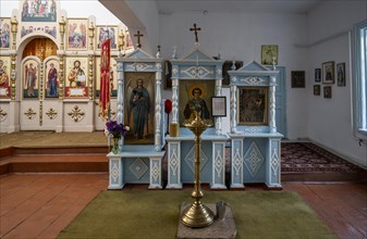 Interior view with side altar, Tserkov Russian Orthodox Church, Teploklyuchenka, Kyrgyzstan, Asia