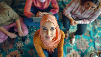 Woman in orange hijab engaging with someone above her in a colorful office environment, ai