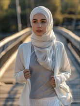 An elegant woman in a hijab jogging contemplatively on a bridge, AI generated