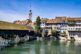 View of an old wooden bridge with an old town in the background, Olten, Solothurn, Switzerland,