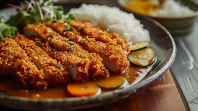 Breaded katsu with curry rice and pickled vegetables on the side, AI generated