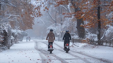 Two people ride bicycles through a snowy park with trees shedding the last leaves, AI Generated, AI