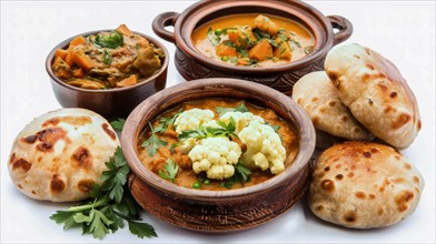 Traditional Indian meal featuring curry and naan bread garnished with parsley, served in pottery,