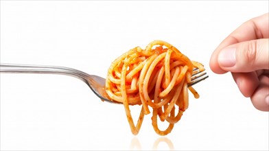 A fork with spaghetti twirled on it being held by a person against a white backdrop, AI generated