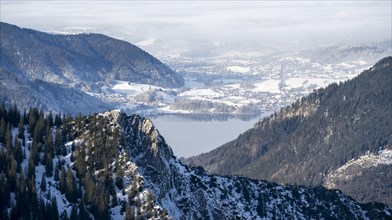 View of Schliersee and the foothills of the Alps in winter with snow, Mangfall mountains, Bavarian
