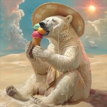 A polar bear with a straw hat sits in the desert and enjoys melting ice, symbolic image on the