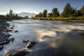 Rapids in the river, mountain landscape, morning light, Loisach, Alpine foothills, Bavaria,