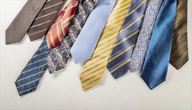 Ties in different colours and patterns, mostly made of silk, on a light background. Elegant and